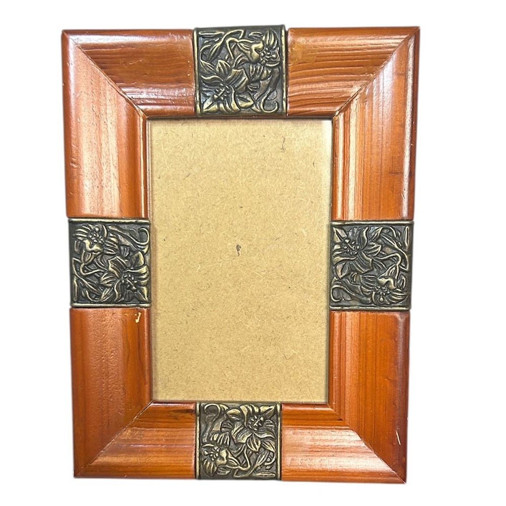 Wood & Metal Floral Inlay Picture Frame‎ 4x6 Rustic Art Nouveau Style Decor